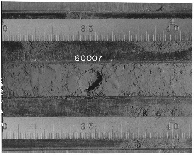 Black and white photograph of Apollo 16 Sample(s) 60007; Processing photograph displaying Core Tube at 30-41 cm depth.