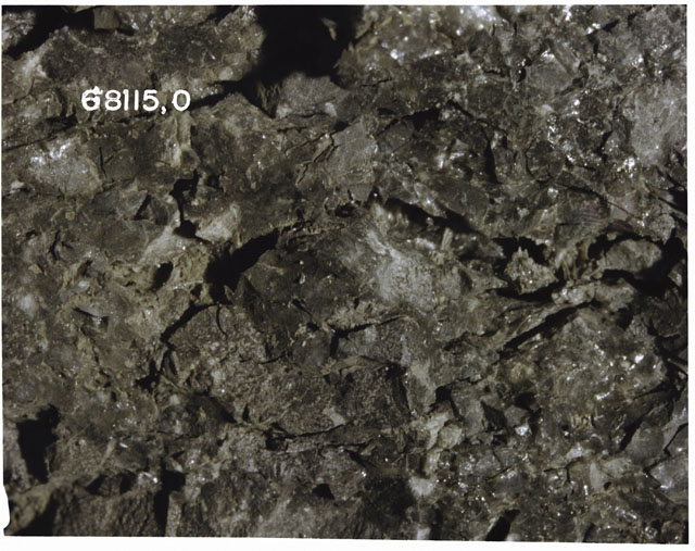 Black and white photograph of Apollo 16 Sample(s) 68115,2; Processing photograph displaying clast close-up.