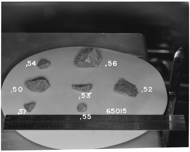 Black and white photograph of Apollo 16 Sample(s) 65015,50-56; Processing photograph displaying a group.