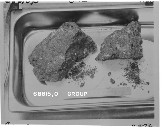Black and white photograph of Apollo 16 Sample(s) 68815,0,19-23; Processing photograph displaying group.