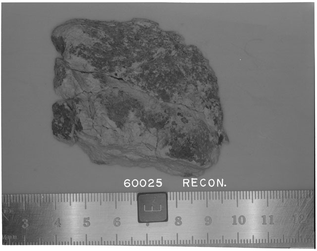 Black and white photograph of Apollo 16 Sample(s) 60025,49-53; Processing photograph displaying reconstruction with an orientation of E.