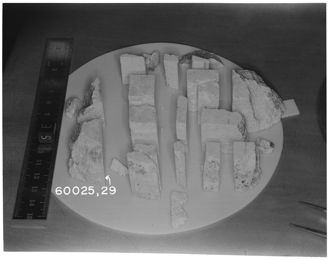 Black and white photograph of Apollo 16 Sample(s) 60025,29; Processing photograph displaying slab reconstruction with an orientation of S,E.