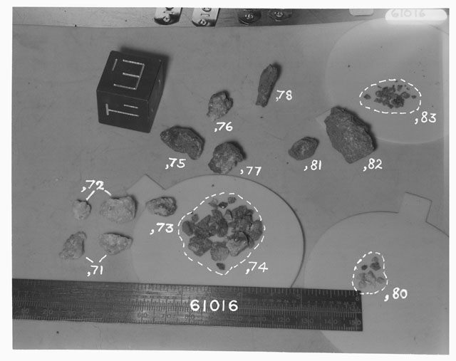 Black and white photograph of Apollo 16 Sample(s) 61016,71-78,80-83; Processing photograph displaying group with an orientation of T,E.