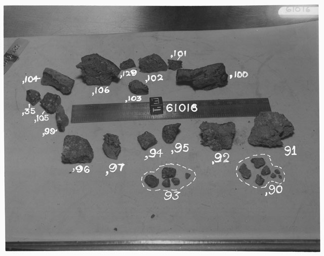 Black and white photograph of Apollo 16 Sample(s) 61016,90-97,35,99-106,129; Processing photograph displaying group with an orientation of T,E.