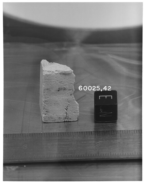 Black and white photograph of Apollo 16 Sample(s) 60025,42; Processing photograph displaying slab with an orientation of N,E.