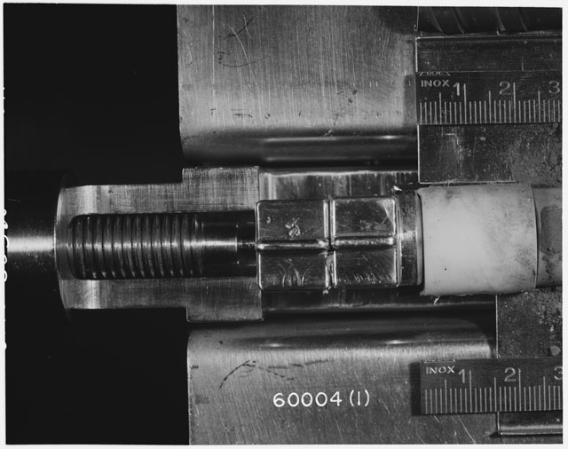 Black and white photograph of Apollo 16 Sample(s) 60004; 1 of 10 Processing photograph displaying Core Tube at 0-2.5 cm depth.