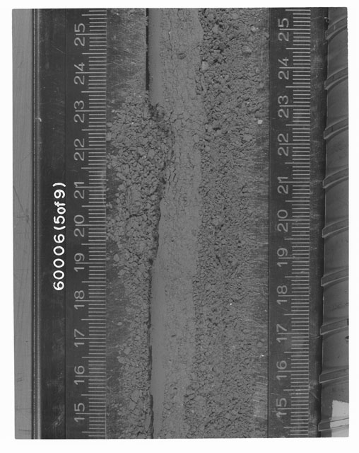 Black and white photograph of Apollo 16 Sample(s) 60006; 5 OF 9 Processing photograph displaying Core Tube at 14.5-25.5 cm depth.