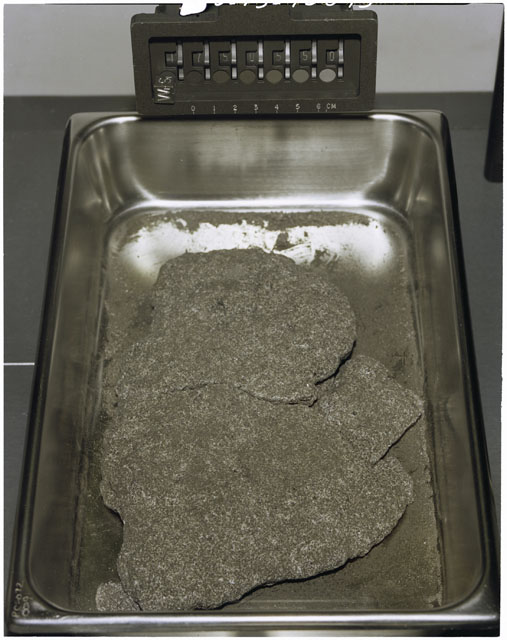Color photograph of Apollo 17 Rake Sample(s) 75055,0; ortho photograph of a Cow Cake reconstruction with orientation E,T.