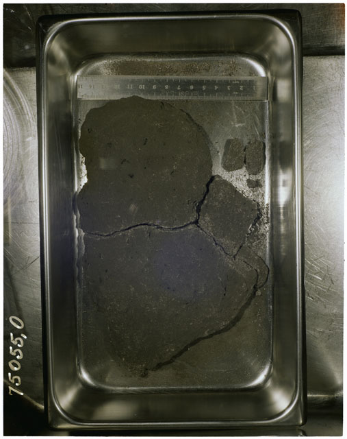 Black and white photograph of Apollo 17 Rake Sample(s) 75055,0; Processing photograph of a Cow Cake reconstruction.