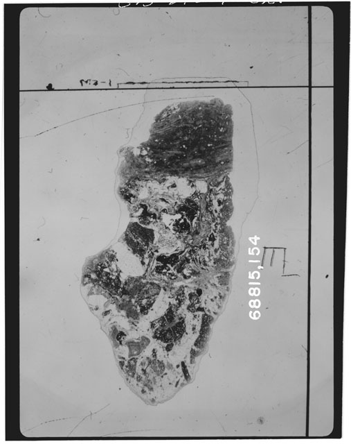 Black and white photograph of Apollo 16 Sample(s) 68815,154; Thin Section photograph using transmitted light.