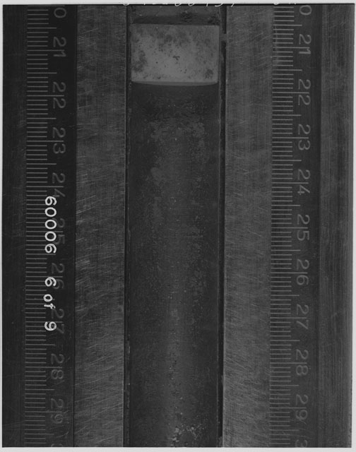 Black and white photograph of Apollo 16 Sample(s) 60006; 6 OF 9 Processing photograph displaying Core Tube at 20-29.5 cm depth.