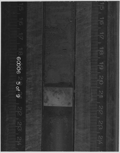 Black and white photograph of Apollo 16 Sample(s) 60006; 5 OF 9 Processing photograph displaying Core Tube at 15-24.5 cm depth.