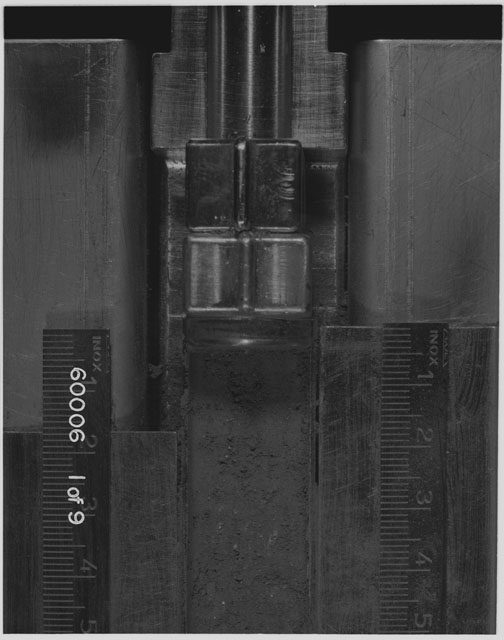 Black and white photograph of Apollo 16 Sample(s) 60006; 1 OF 9 Processing photograph displaying Core Tube at 0-5 cm depth.