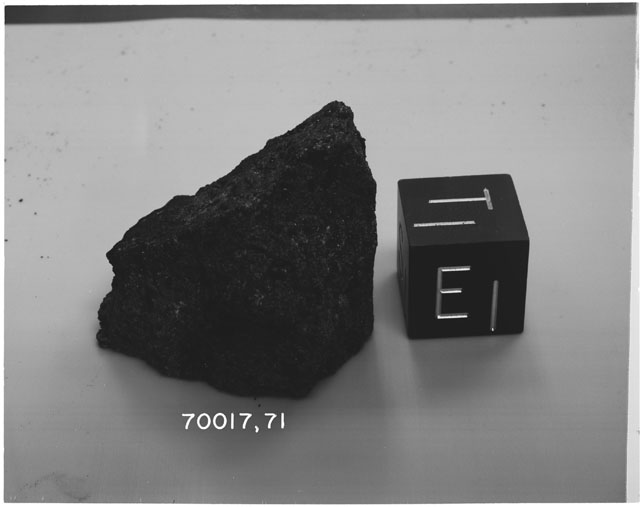 Black and white photograph of Apollo 17 Sample(s) 70017,71; Ortho photo with orientation T,E.