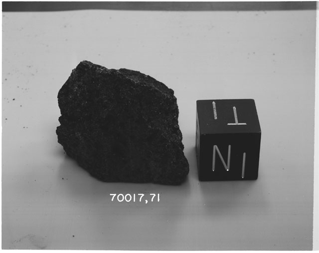 Black and white photograph of Apollo 17 Sample(s) 70017,71; Ortho photo with orientation T,N.