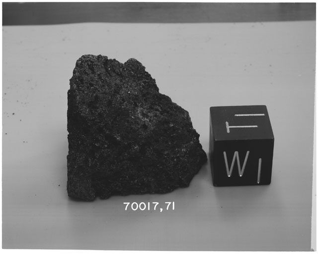 Black and white photograph of Apollo 17 Sample(s) 70017,71; Ortho photo with orientation T,W.