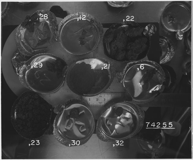 Black and white photograph of Apollo 17 Sample(s) 74255,6,12,21-23,28-30,32; Processing photograph displaying chips and fines group.