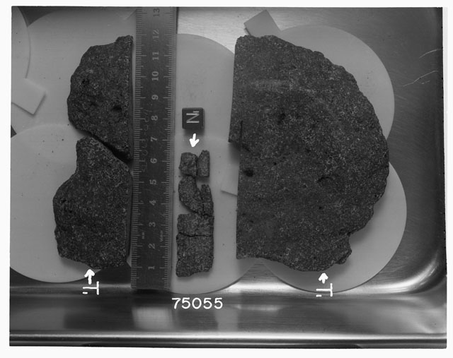 Black and white photograph of Apollo 17 Rake Sample(s) 75055,19-25; Processing photograph displayng the orientation of a Cow Cake slabbing.