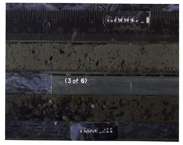 Color photograph of Apollo 16 Sample(s) 60006,1,211; 3 OF 6 Processing photograph displaying Core Tube with peel at 5-15.5 cm depth.
