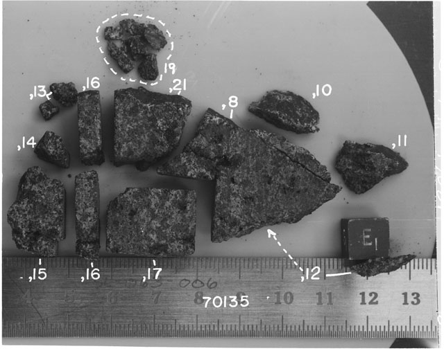 Black and white photograph of Apollo 17 Sample(s) 70135,8,10-17,19,21; Processing photograph displaying a slab reconstruction with an orientation of E.