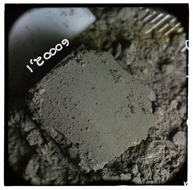 Color photograph of Apollo 16 Core Sample 60002,1; Processing photograph displaying Core Fines .