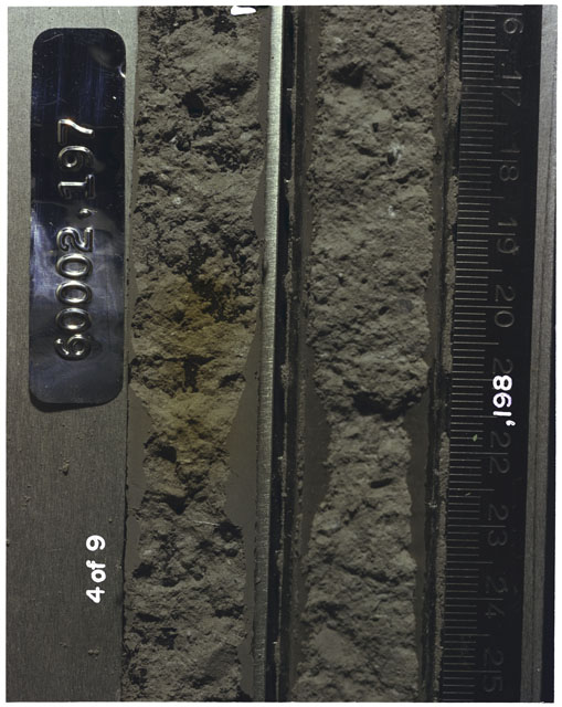 Color photograph of Apollo 16 Sample(s) 60002,197,198; 4 of 9 Processing photograph displaying Core Tube with peel at 16.5-25 cm depth.
