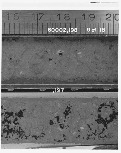 Black and white photograph of Apollo 16 Sample(s) 60002,197,198; 9 of 18 Processing photograph displaying Core Tube with peel at 16-20 cm depth.