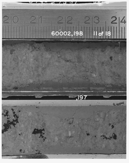 Black and white photograph of Apollo 16 Sample(s) 60002,197,198; 11 of 18 Processing photograph displaying Core Tube with peel at 20-24 cm depth.