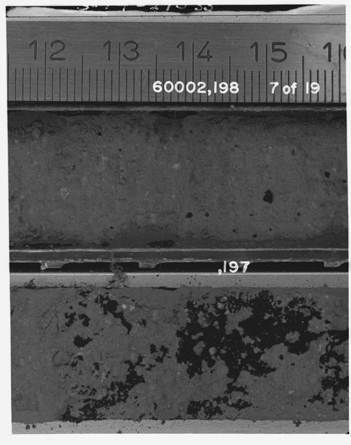 Black and white photograph of Apollo 16 Sample(s) 60002,197,198; 7 of 18 Processing photograph displaying Core Tube with peel at 12-16 cm depth.