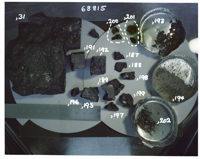 Color photograph of Apollo 16 Sample(s) 68815,31,187-189,191-202; Processing photograph displaying chip and fragments post cutting.