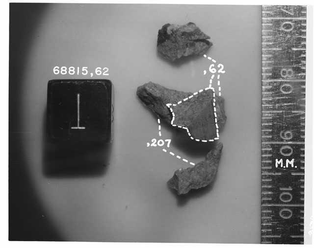 Black and white photograph of Apollo 16 Sample(s) 68815,62,207; Processing photograph displaying reconstruction.