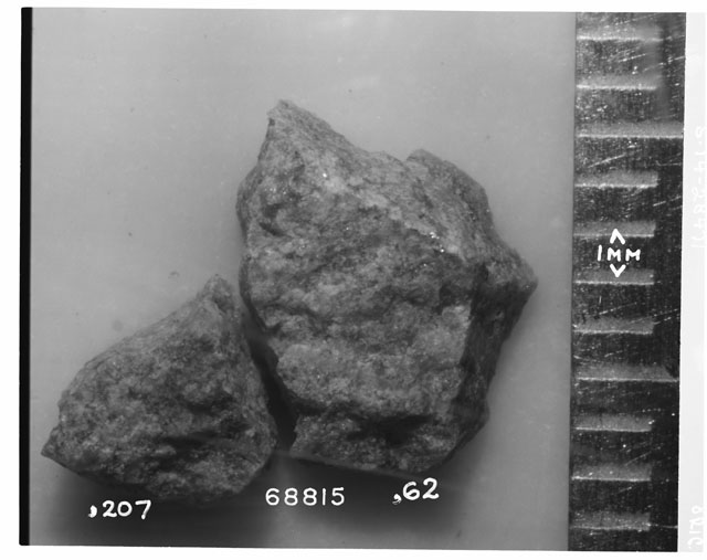 Black and white photograph of Apollo 16 Sample(s) 68815,62,207; Processing photograph displaying reconstruction.