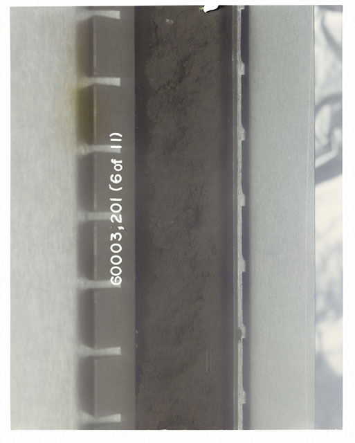 Black and white photograph of Apollo 16 Sample(s) 60003,201; 6 of 11 Processing photograph displaying pre-impregnation Core Tube .