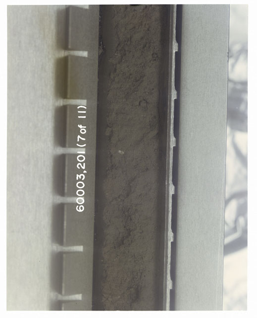Black and white photograph of Apollo 16 Sample(s) 60003,201; 7 of 11 Processing photograph displaying pre-impregnation Core Tube .