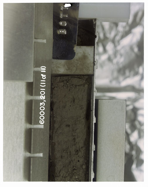 Black and white photograph of Apollo 16 Sample(s) 60003,201; 11 of 11 Processing photograph displaying pre-impregnation Core Tube .