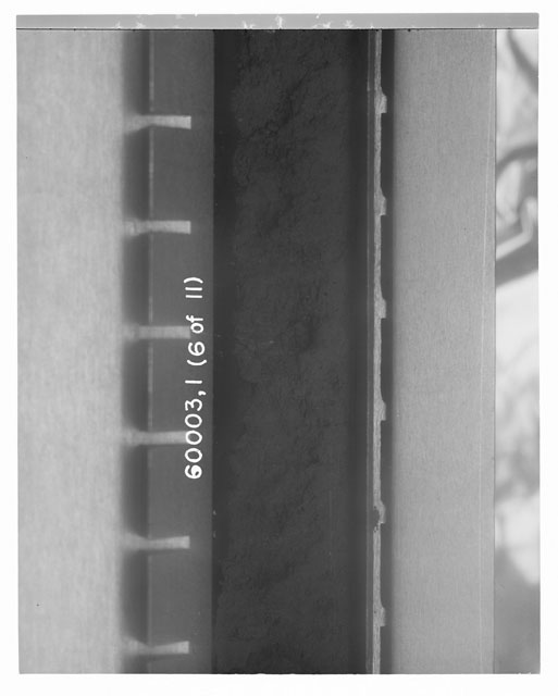 Black and white photograph of Apollo 16 Sample(s) 60003,1; 6 of 11 Processing photograph displaying pre-impregnation Core Tube .