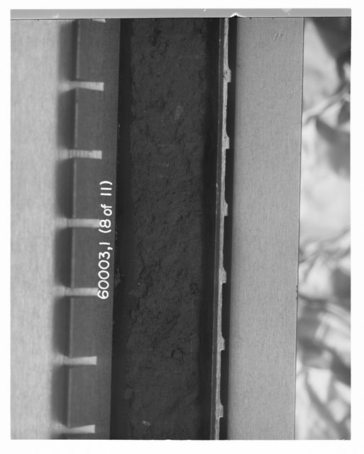 Black and white photograph of Apollo 16 Sample(s) 60003,1; 8 of 11 Processing photograph displaying pre-impregnation Core Tube .
