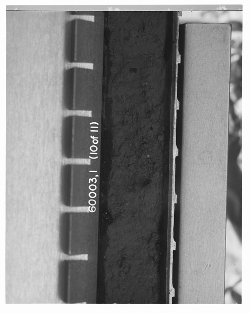 Black and white photograph of Apollo 16 Sample(s) 60003,1; 10 of 11 Processing photograph displaying pre-impregnation Core Tube .