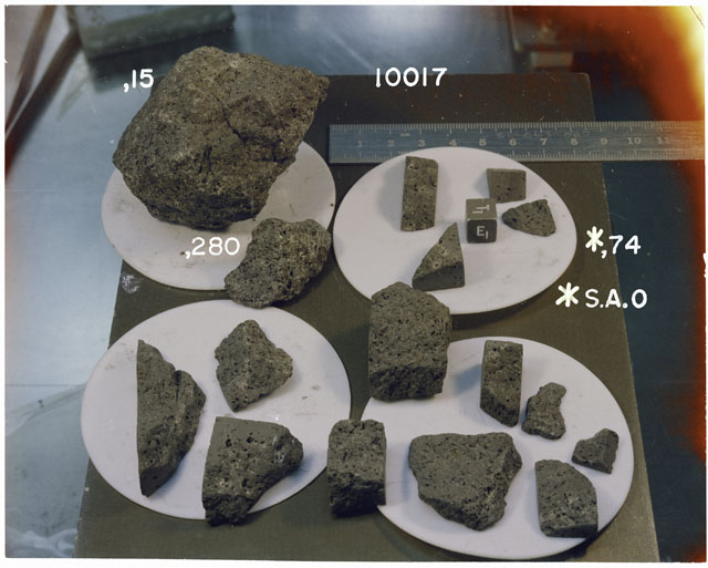 Color photograph of Apollo 11 Sample(s) 10017,15,74,280; Processing photograph displaying post cut group with an orientation of T,E.