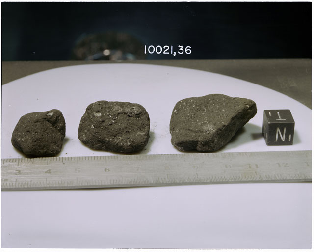 Color photograph of Apollo 11 Sample(s) 10021,36; Processing photograph displaying orientation of T,N,E.