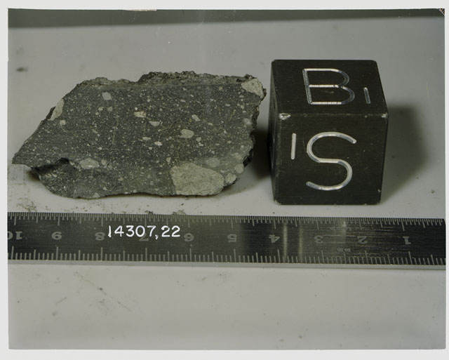 Color photograph of Apollo 14 Sample(s) 14307,22; Processing photograph displaying a slab with an orientation of B,S.