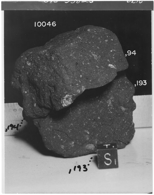 Black and white photograph of Apollo 11 Sample(s) 10046,193,194; Processing photograph displaying reconstruction with an orientation of T,S.