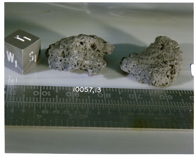 Color photograph of Apollo 11 Sample(s) 10057,13; Processing photograph displaying orientation of T,W,S.