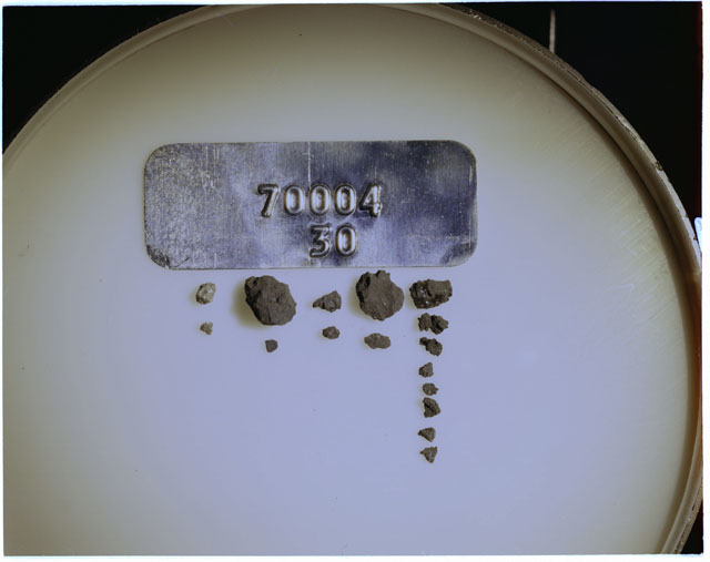 Color photograph of Apollo 17 Sample(s) 70004,30; Processing photograph displaying a group of >1 MM Core Fines found at 174.7-175.2 cm depth from surface.