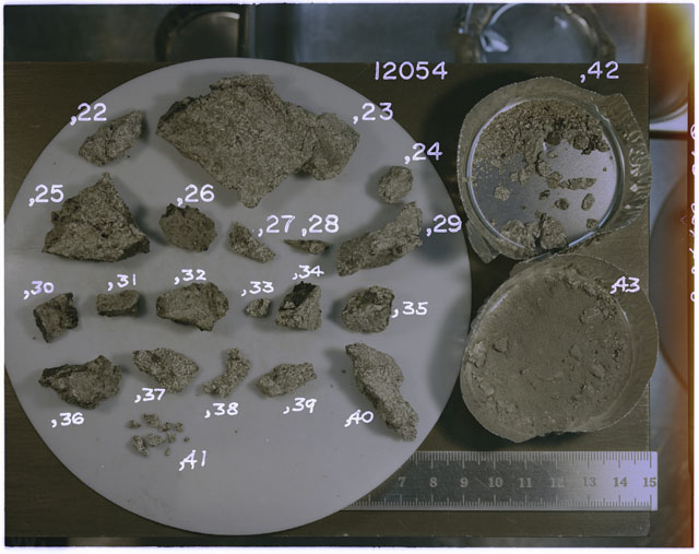 Color photograph of Apollo 12 Sample(S) 1205422-43; Processing photograph displaying a group of chips with fines.