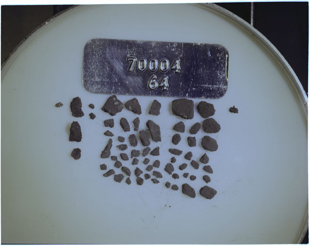 Color photograph of Apollo 17 Sample(s) 70004,64; Processing photograph displaying a group of >1 MM Core Fines found at 181.2-181.7 cm depth from surface.