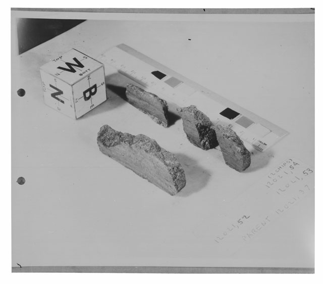Black and white photograph of Apollo 12 Sample(S) 12021,37,52-54; Processing photograph displaying a slab group with an orientation of N,W,B.