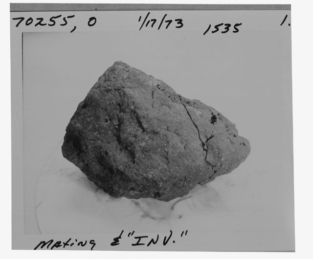 Black and white photograph of Apollo 17 Sample(s) 70255,0; Processing photograph displaying reconstruction inventory.