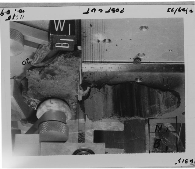 Black and white photograph of Apollo 17 Sample(s) 76315,20,21; Processing photograph displaying the orientation of post cut sample .