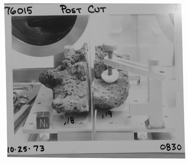 Black and white photograph of Apollo 17 Sample(s) 76015,18,19; Processing photograph displaying the orientation of a post cut sample.